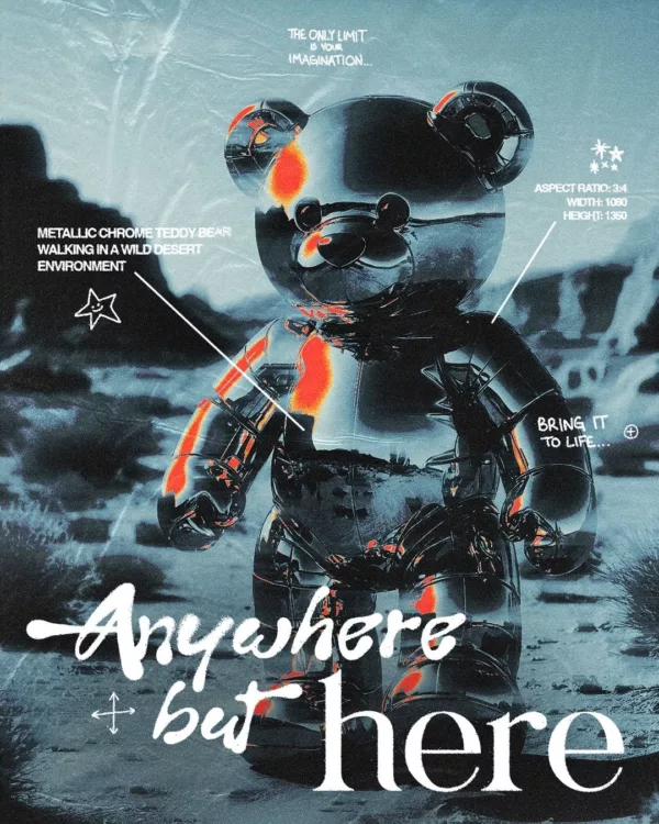 Great artists generate in Superstudio 13 A designed poster that reads "Anywhere but here" featuring a metallic chrome tedy bear in a blue desert environment.