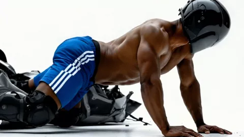 Great artists generate in Superstudio 7 A futuristic man wearing a helmet and athletic shorts. Artwork by Tyler Givens.