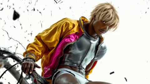 Great artists generate in Superstudio 6 A futuristic man with blonde hair a wearing a yellow and pink sport jacket. Artwork by Tyler Givens