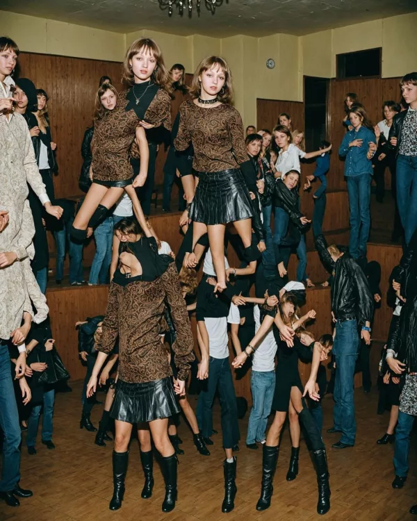 Great artists generate in Superstudio 9 A collaged photograph of several people at a party, centering one girl with bangs, a leopard print shirt, and leather skirt on. Artwork by Toma Gerzha.